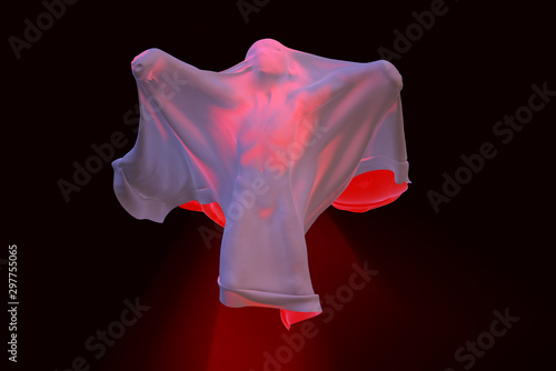 Flying White Ghost boy figure covered with a blanket sheet on Black Background. Halloween 3d illustration photo