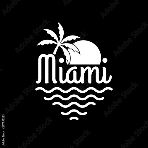 Miami logo. Miami beach banner with palm, sun and sea. T-shirt typography design. Apparel graphic. Vector illustration.