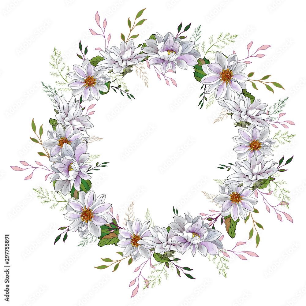 Floral round frame of white Dahlias and varicolored leaves on white background. For your design, wedding stationary, fashion, invitation template, greeting card, saving the date card. Vector.