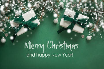 Christmas border with xmas tree and gifts on green background. Merry christmas card. Winter holiday. Happy New Year. Space for text