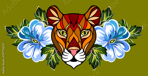Linear image of a muzzle of a lioness on a background of flowers