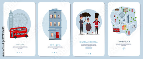 Mobile app onboarding screens set. London Travel guid, landmark, city map, rent hotel. Menu vector banner template for website and mobile development. Web site design flat illustration.
