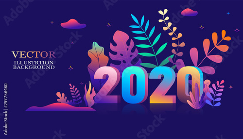 2020 year font ，Vector illustration in trendy flat style and bright vibrant gradient colors ，plants, leaves, trees and sky - background for banner, greeting card, poster