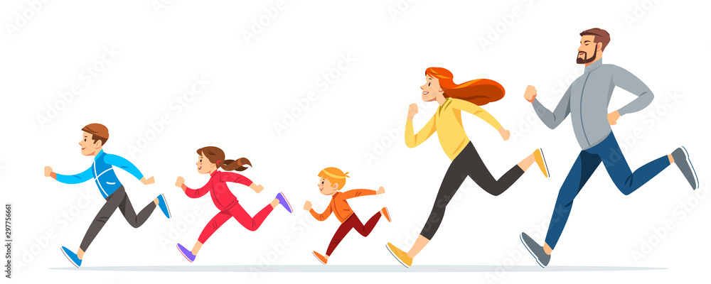 Happy Family with children running or jogging for sport and better fitness in summer. Good relations in family. Basic healthy care for people. Illustration for advertise running sport