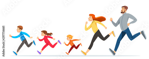 Happy Family with children running or jogging for sport and better fitness in summer. Good relations in family. Basic healthy care for people. Illustration for advertise running sport