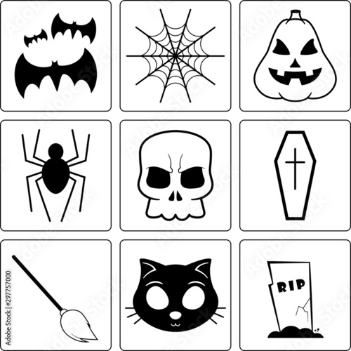 Set icone halloween: pipistrelli, ragnatela, zucca, ragno, teschio, bara, scopa, gatto e lapide.