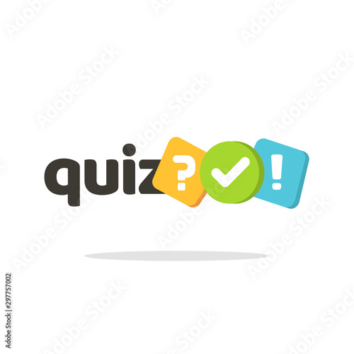 Quiz logo icon vector symbol, flat cartoon bubble speeches with question and check mark signs as competition game or interview logotype, poll or questionnaire modern creative horizontal