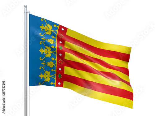 Valencian (autonomous community in Spain) flag waving on white background, close up, isolated. 3D render