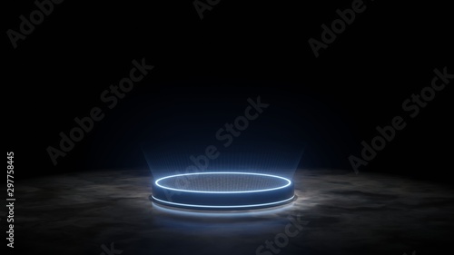 3D Rendering of futuristic podium. Blank pedestal for product display with glowing ray light and reflection on dark granite floor