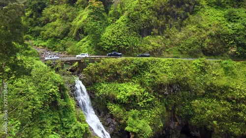 Maui, Hawaii Hana Highway - Wailua Iki Falls (Wailuaiki). Road to Hana connects Kahului to the town of Hana Over 59 bridges, 620 curves, tropical rainforest Gimbal panning cinematic Rec.709 ProRes 422