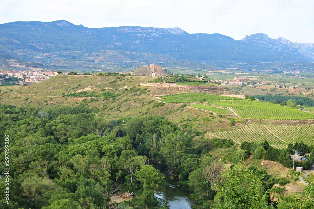 Picturesque panorama of the fields and mountains in the vicinity of the town of Briones. Spain, June 22, 2019