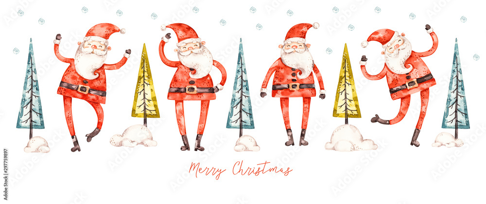 Fototapeta premium Watercolor santa claus and christmas tree in naive childish style, greeting banner decoration. Merry christmas and happy new year aqarelle poster isolated on white background