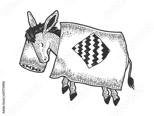 Cartoon funny sleeping donkey sketch engraving vector illustration. T-shirt apparel print design. Scratch board style imitation. Black and white hand drawn image.