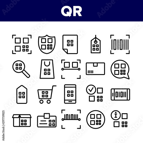 Qr Code Scan Collection Elements Icons Set Vector Thin Line. Qr Code On Smartphone Display And Tag Label, In Magnifier And On Shield Concept Linear Pictograms. Monochrome Contour Illustrations