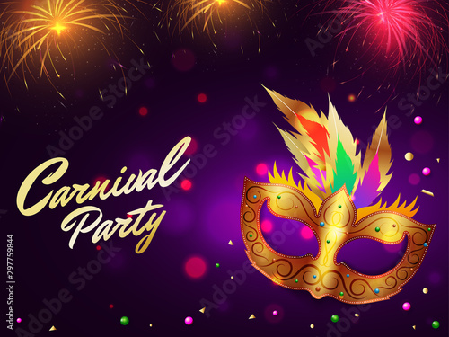 Carnival Party banner or poster design with golden mask on purple bokeh fireworks background.