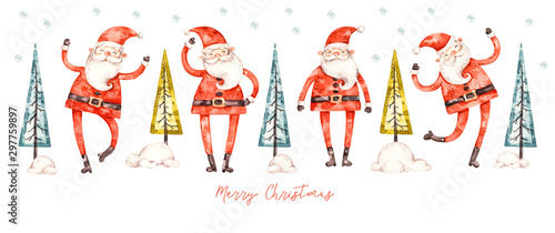 Watercolor santa claus and christmas tree in naive childish style, greeting banner decoration. Merry christmas and happy new year aqarelle poster isolated on white background