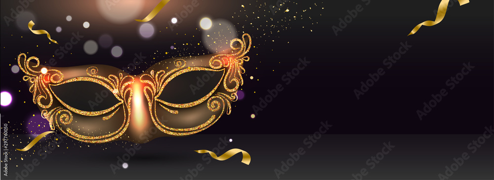 Website header or banner design with glittering party mask illustration on black bokeh effect background. Website header or banner design with glittering party mask illustration on black bokeh effect background.