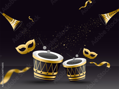 Illustration of drum with golden mask, trumpet and confetti decorated on black background.