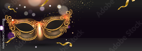 Website header or banner design with glittering party mask illustration on black bokeh effect background.