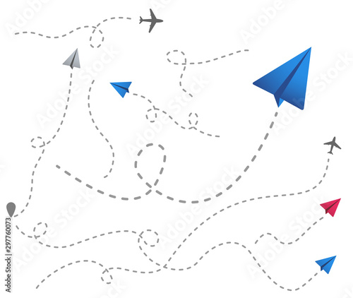 set of colored paper airplanes with dotted flight path. Plane line path. dotted trail and fly direction. Airplane silhouette. Vector illustration.
