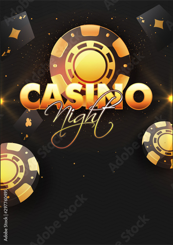 Casino Night template or flyer design with poker chips and playing cards decorated on black wavy stripe pattern background.
