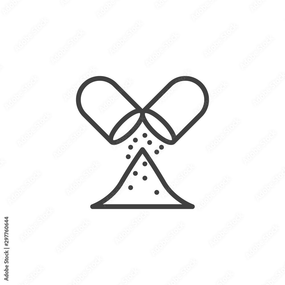 Open Capsule Pill line icon. linear style sign for mobile concept and web design. Medicine capsule pill with powder outline vector icon. Symbol, logo illustration. Vector graphics Open Capsule Pill line icon. linear style sign for mobile concept and web design. Medicine capsule pill with powder outline vector icon. Symbol, logo illustration. Vector graphics