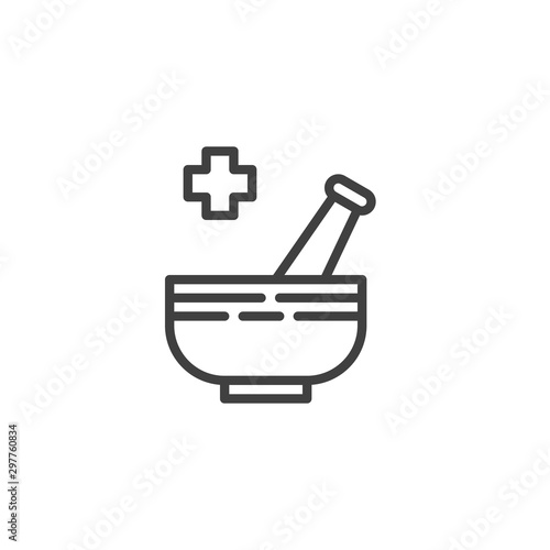 Mortar and pestle line icon. linear style sign for mobile concept and web design. Pharmaceutical medicine outline vector icon. Symbol, logo illustration. Vector graphics