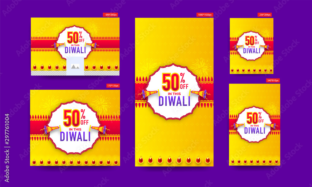 Diwali Sale poster and template design collection with 50% discount offer and megaphone on yellow and red background.