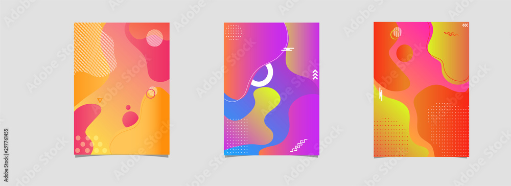 Advertising template, flyer or brochure layout collection with colorful fluid art abstract.