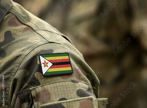 Flag of Zimbabwe on military uniform. Army, troops, soldiers, Africa (collage).