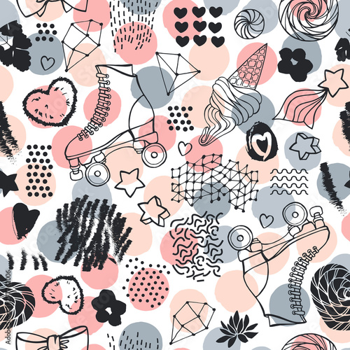 Seamless pattern with cute retro roller skates.
