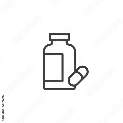 Pills bottle line icon. linear style sign for mobile concept and web design. Capsule medicine bottle outline vector icon. Drugstore symbol, logo illustration. Vector graphics