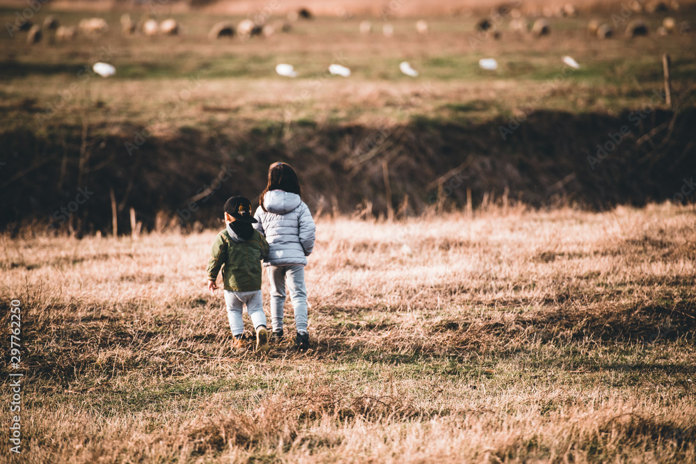 Brother and sister on walk in countryside Brother and sister on walk in countryside
