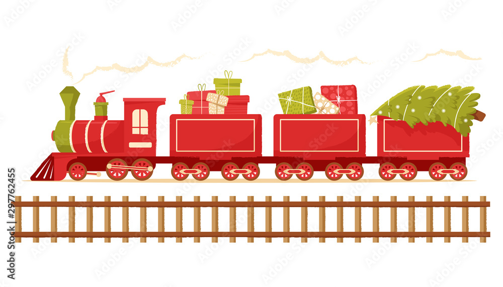 Christmas train carries a Christmas tree. Christmas toy locomotive for holiday cards, tags and greeting cards