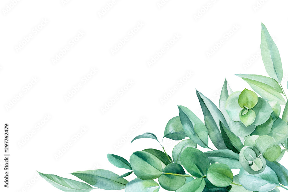 greeting card with place for text, eucalyptus leaves on a white background, watercolor illustration - obrazy, fototapety, plakaty 