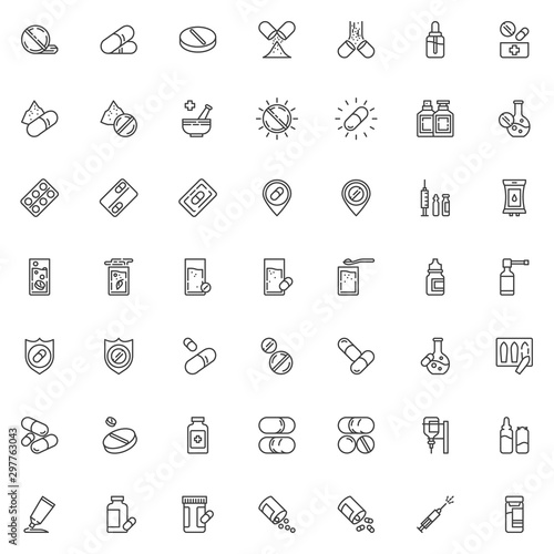 Medicine pills line icons set. Medical drugs linear style symbols collection, outline signs pack. vector graphics. Set includes icons as Vaccine bottle, Medical syringe injection, capsule tablets