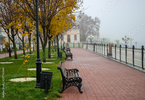 A misty morning autumn landscape, an old park foggy alley. Great oak tree city park alley © Sofya