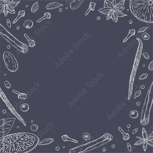 Vector frame with spices for making mulled wine. Illustration with place for text. Сan be used creating card, menu or invitation card.