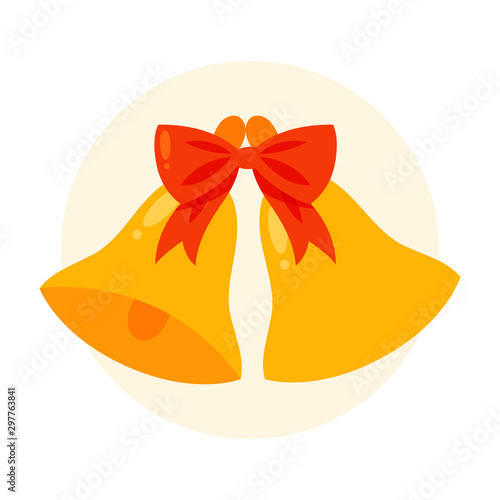 Christmas golden bells with a red ribbon