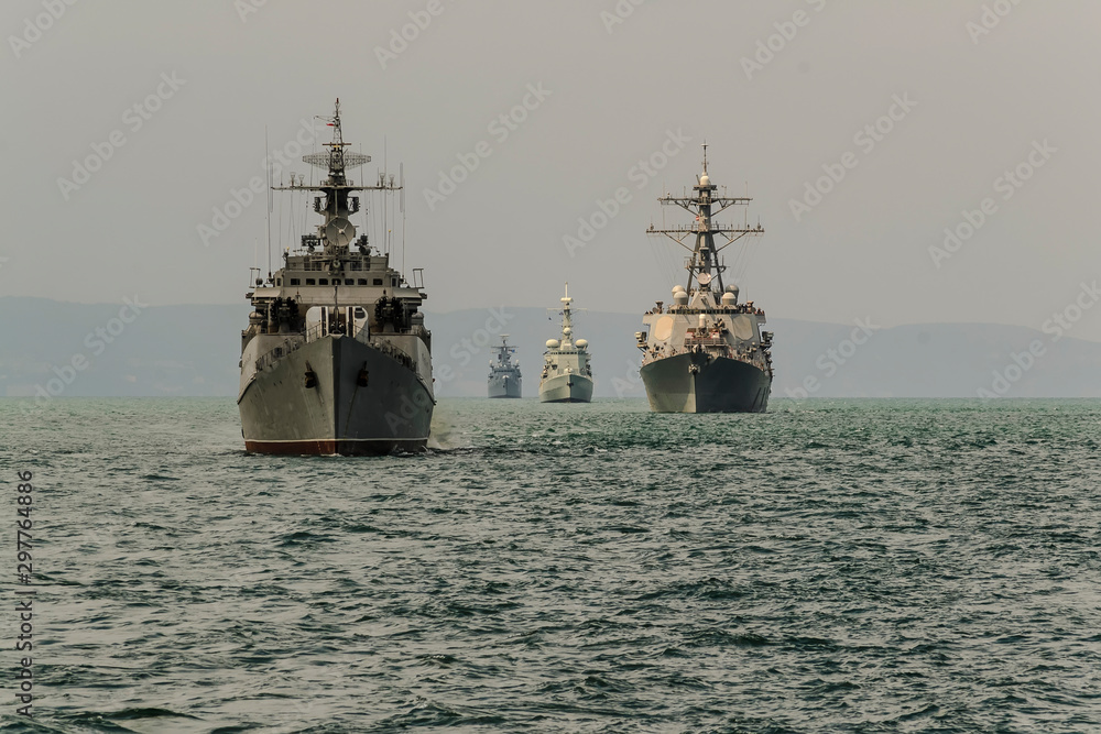 Navy war ship formation during exercise in black sea.