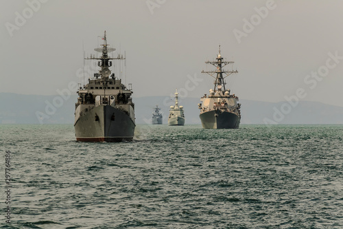 Navy war ship formation during exercise in black sea.