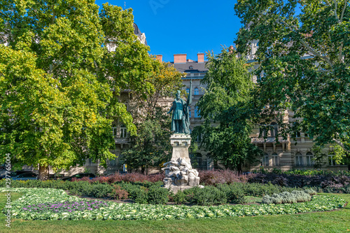 Budapest, Hungary - October 01, 2019: Andrassy Avenue (Hungarian: Andrássy út) is a boulevard in Budapest, Hungary, dating back to 1872. The statue of Zrinyi Miklos in park.