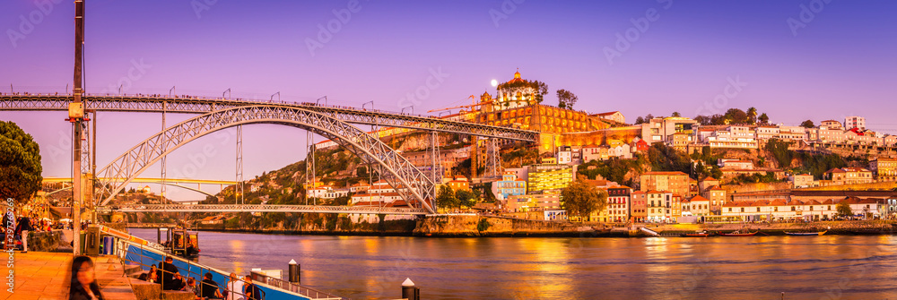 Panorama of the city of Porto on the river Douro at night in Portugal
