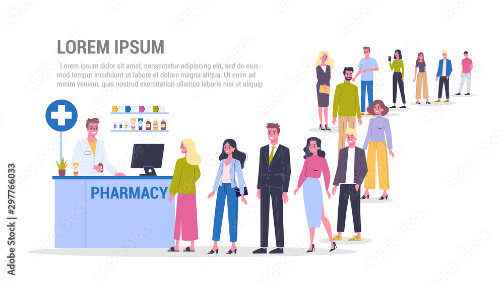 Vector illustration of big queue of people standing towards a pharmacy store.
