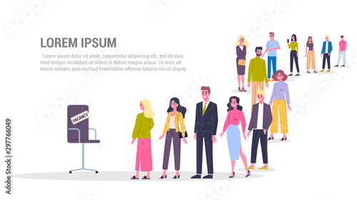 Vector illustration of big queue of people standing towards a vacancy