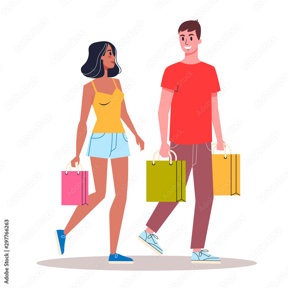 Woman and man shopping. Couple with bag.