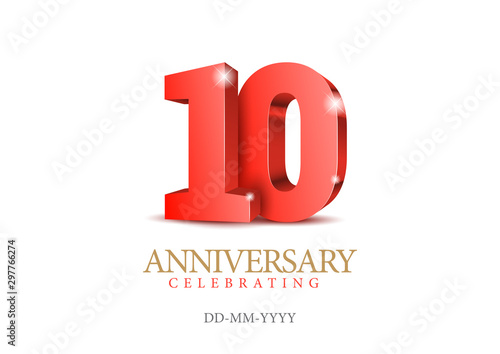 Anniversary 10. gold 3d numbers. Poster template for Celebrating 10th anniversary event party. Vector illustration