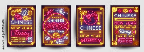 Chinese New Year 2020 Party Poster set in neon style. Collection Neon signs, bright poster, bright banner, invitation, postcard. Design party invitation template. Vector illustration