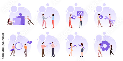Business pepople set. Man and woman in suit in various poses