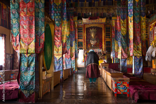 Tibetan people visit praying in Diskit Monastery or Deskit Galdan Tashi Chuling Gompa in the Nubra Valley at Leh Ladakh on March 21, 2019 in Jammu and Kashmir, India
